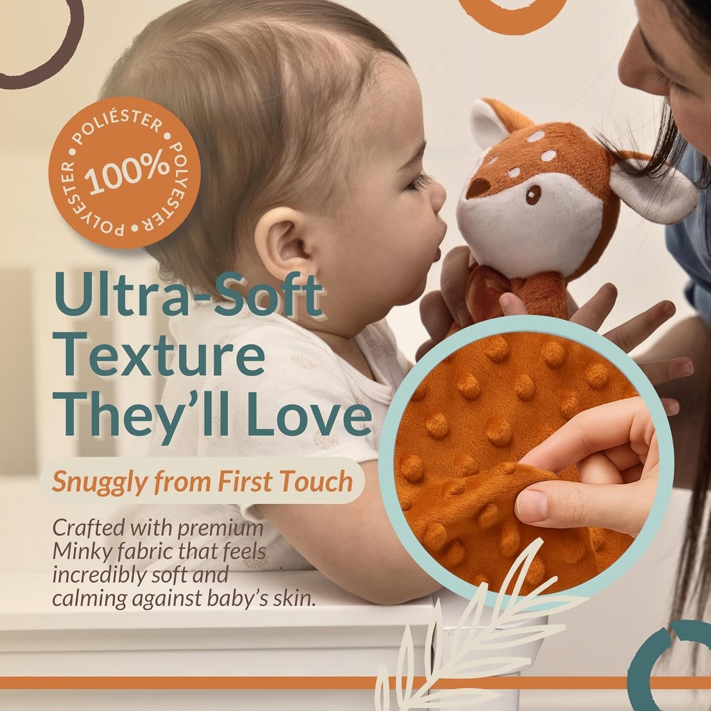 Baby Lovey Security Blanket – Soft Plush Animal with Pacifier Holder (Fawn Minky Dot)