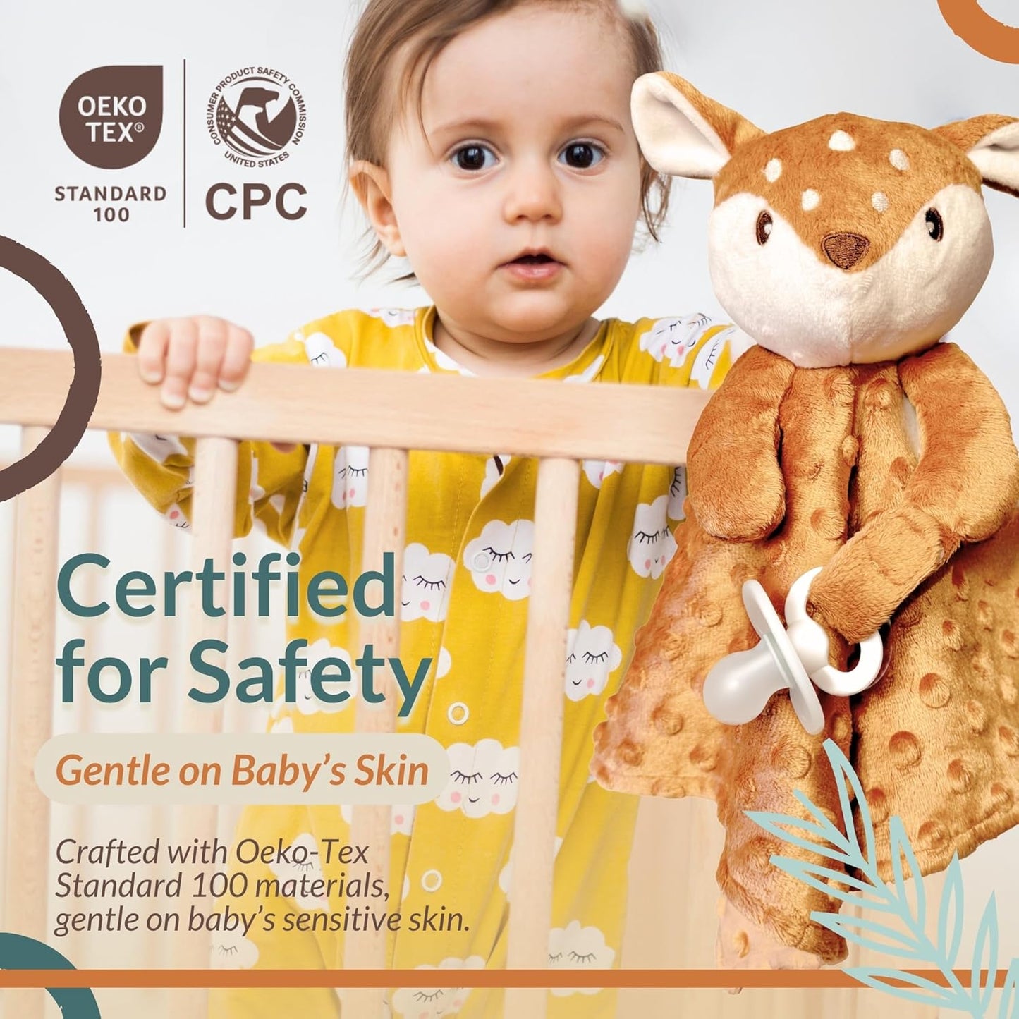 Baby Lovey Security Blanket – Soft Plush Animal with Pacifier Holder (Fawn Minky Dot)