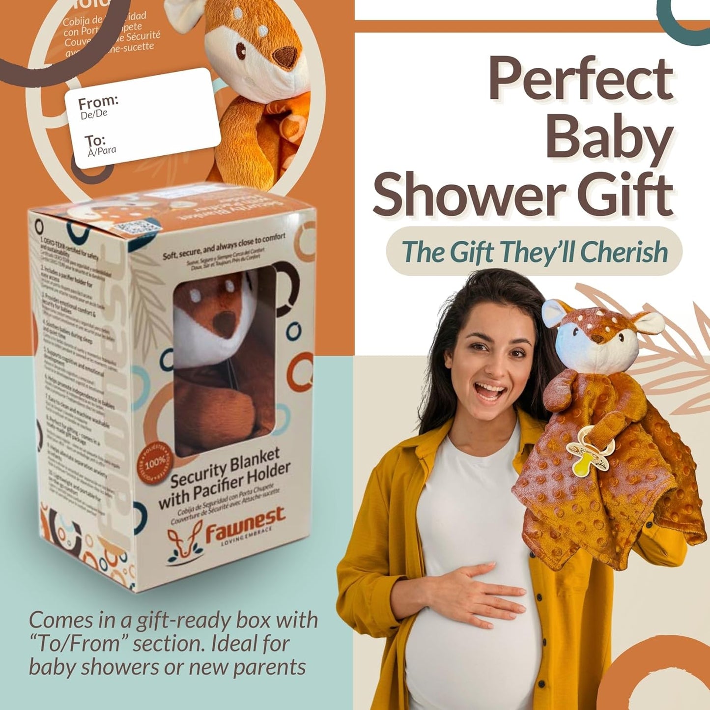 Baby Lovey Security Blanket – Soft Plush Animal with Pacifier Holder (Fawn Minky Dot)