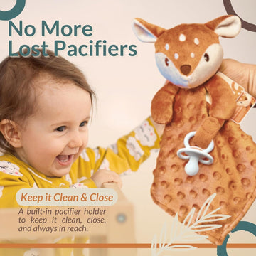 Baby Lovey Security Blanket – Soft Plush Animal with Pacifier Holder (Fawn Minky Dot)