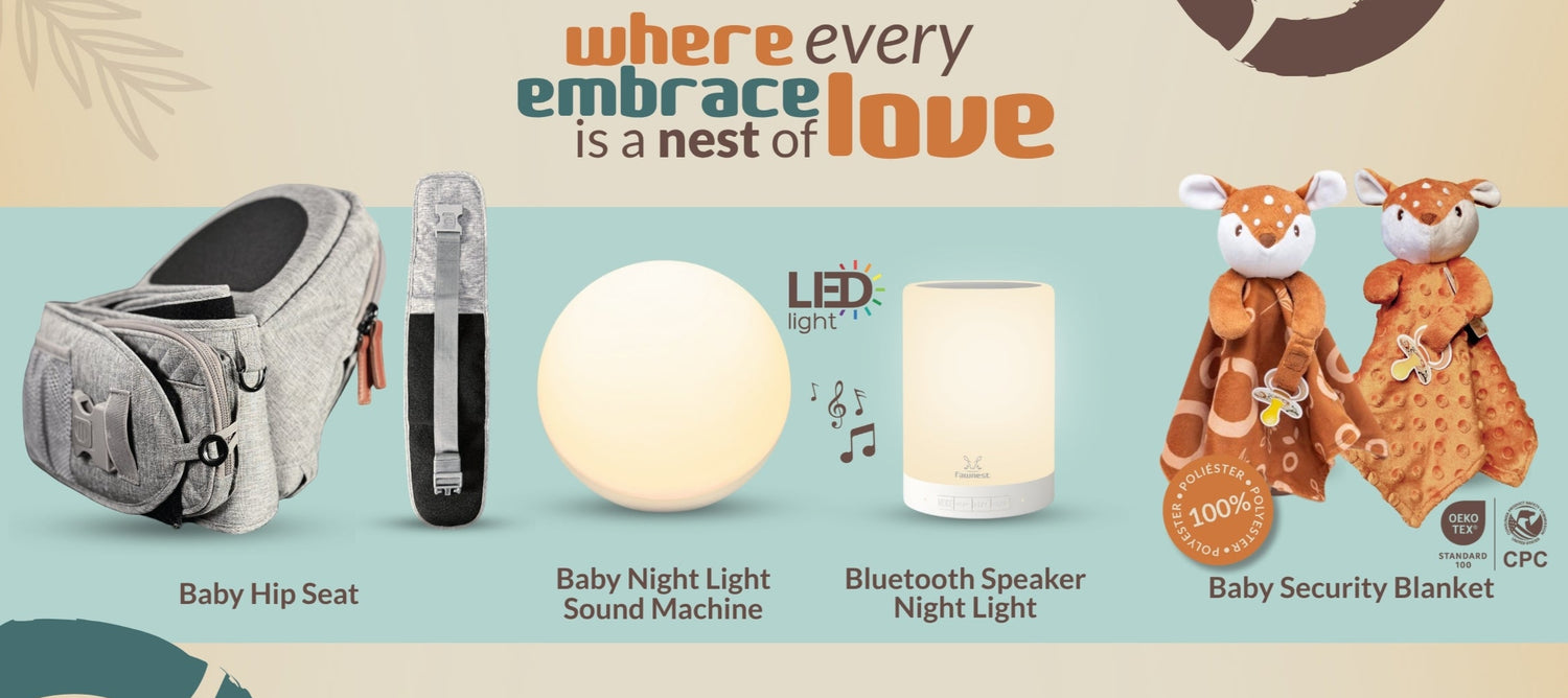 Promotional image of baby products with Fawnest branding and product names.